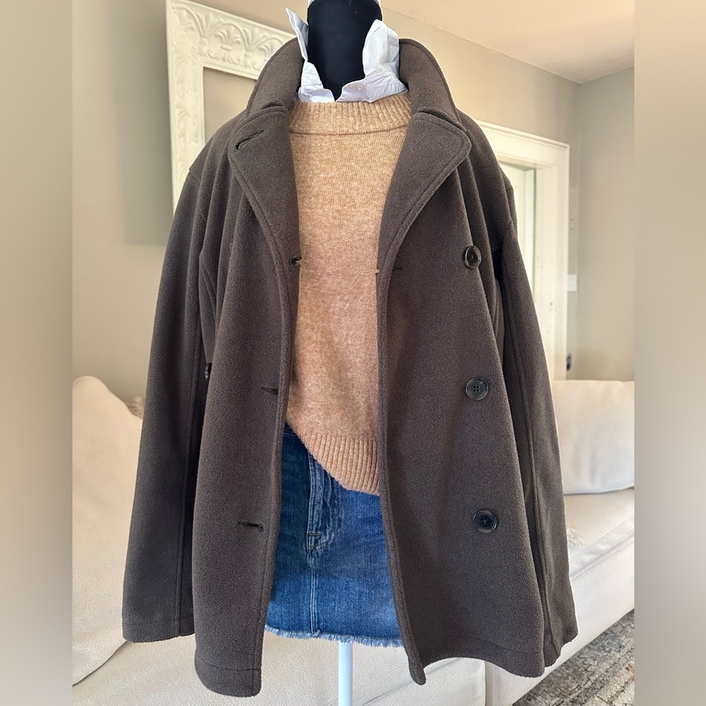 LANDS' END Thermacheck Y2K Fleece Pea Coat Double-Breasted Brown Peacoat Size XL